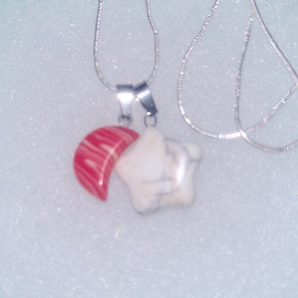 Boho hippie Pink Agate Moon and Howlite Star sterling silver neckla…